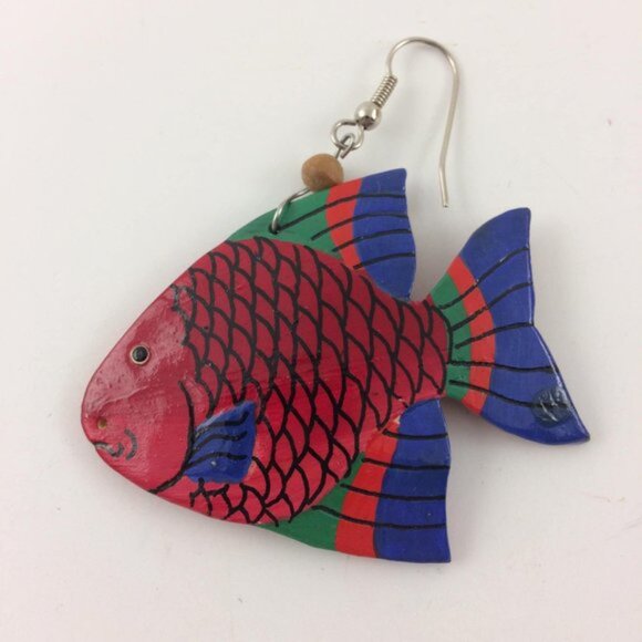 Vtg Tropical Funky Fish Handpainted Dangle Earrings Beachy Bohemian Tropicalcore - Picture 2 of 5